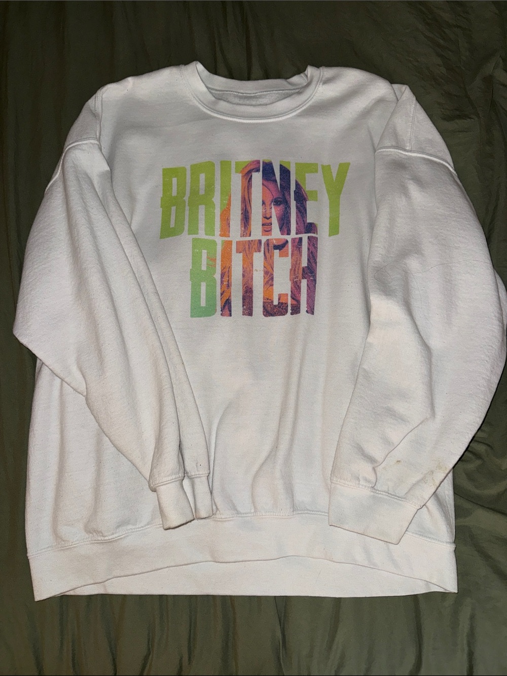 White Graphic Crewneck Sweater with Multicolor Text Britney Spears